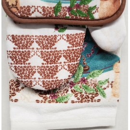 American Mills 3 pc PRINTED KITCHEN SET: 1 POT HOLDER, 1 TOWEL & 1 OVEN MITT, HOT COFFEE CUP,AM