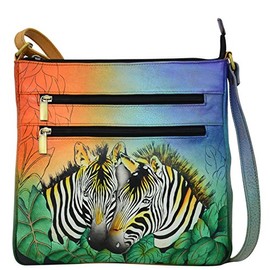 Anna by Anuschka Women's Genuine Leather Medium Triple Pocket Cross Body | Hand Painted Original Artwork | Zebra Safari
