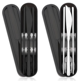 PHILIPALA 2 Sets 18/8 Stainless Reusable Utensils Set with Case, Travel Chopsticks Fork Spoon Knife Set for Lunch Box, Portable Flatware Sets for Camping(Black,Sliver)