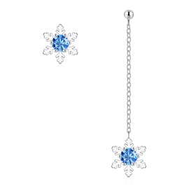 Josfeva Christmas Dangle Earrings for Women, 925 Sterling Silver Asymmetric Snowflake Drop Earrings with Blue Zirconia, Hypoallergenic Long Chains Dangle Earrings, Silver Xmas Stud Hanging Earrings