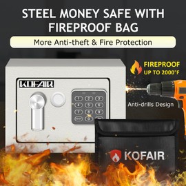 KOFAIR Safe Box for Home Safe (0.23 Cubic Feet) with Fireproof Bag, Personal Money Safey for Cash Saving, Mini Safey with Key, Digital Safety Box with Light, Money Lock Box (White)
