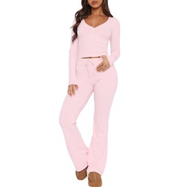 FWBBG Womens 2 Piece Lounge Sets Long Sleeve Crop Tops V Neck Flare Pants Set Fall Y2k Casual Outfits (Pink, Small)