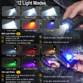 BORUIT V30 Rechargeable EDC Flashlight with 365nm Blacklight UV/Red Light, Bright Keychain Flashlights with Clip and Magnet, 180° Swivel Pocket Flash Light for Camping Emergencies