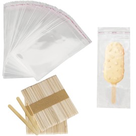 300 Pieces Popsicle Sticks and Bags Set Popsicle Wrappers Self Seal Plastic Popsicle Bags Ice Cream Bags Wrapper with Popsicle Sticks Wooden
