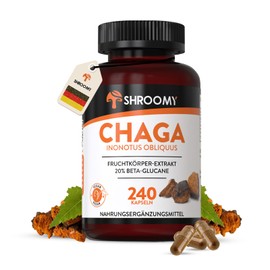 Chaga Pilz Extrakt Kapseln (Inonotus obliquus) - 240 Stück - hochdosiert mit 20% Beta Glucane und 40% Polysaccaride - 1146 mg Extrakt pro Tagesdosis - Laborgeprüft und Vegan - DE - SHROOMY
