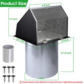6 Inch Wall Vent Exhaust Vent Dryer Vent Cover Outside, 6" Hooded Wall Vent with Screen and Damper for Kitchen Range Hood Exterior Wall Vent Cover Cap Hood Vent Dryer Air Vent,Galvanized Steel,Black