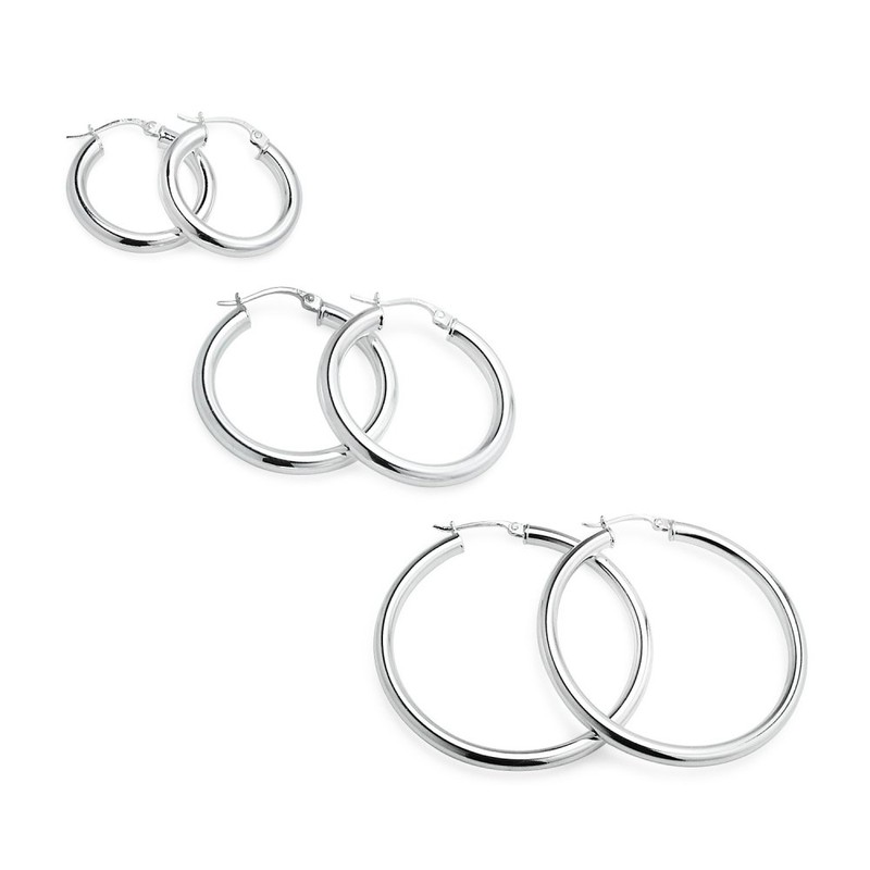 3 Pairs Sterling Silver 3mm Hoop Earrings Set for Women