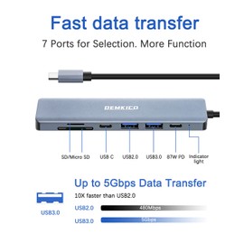 7 in 1 USB C Hub, DEMKICO USB C Adapter mit 4K HDMI, SD/TF Kartenleser, USB C Datenübertragungsanschluss, 2 USB Anschlüsse, Type C PD 87W Ladegerät für MacBook Pro/MacBook Air/Dell XPS und mehr