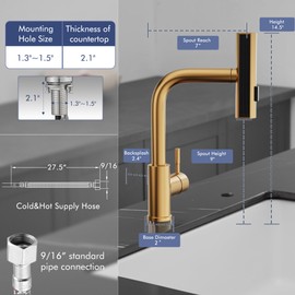 GIMILI Brushed Gold Kitchen Faucet with Pull Down Sprayer, Waterfall 15“ High Single Handle Kitchen Sink Faucets