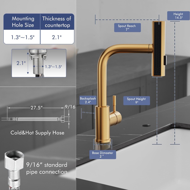 GIMILI Brushed Gold Kitchen Faucet with Pull Down Sprayer, Waterfall