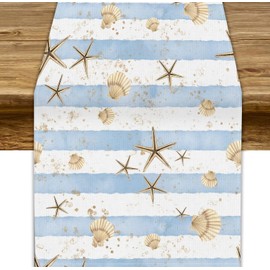 Camino de mesa dorado Seashell, acuarela, líneas azules náuticas de verano, diseño de estrellas de mar subacuáticas, para cocina, comedor, boda, decoración de fiesta, 13 x 108 pulgadas