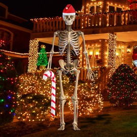Leyndo 2 Pcs 12ft Christmas Skeleton Decorations Inflatable Candy Cane and Santa Hat Set for Christmas Party Yard Garden Skeleton Outdoor Decor