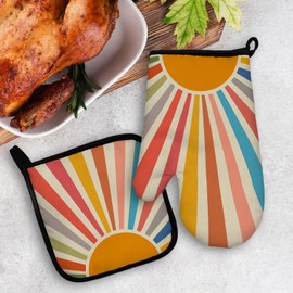 Mingnei Colourful Boho Sun Oven Mitts and Pot Holders Sets,Boho Sun Kitchen Decor,Sun Sunshine Heat Resistant Hot Pads Kitchen Decor for Cooking Baking BBQ Grilling,Bohemian Sun Oven Glove Set Gifts
