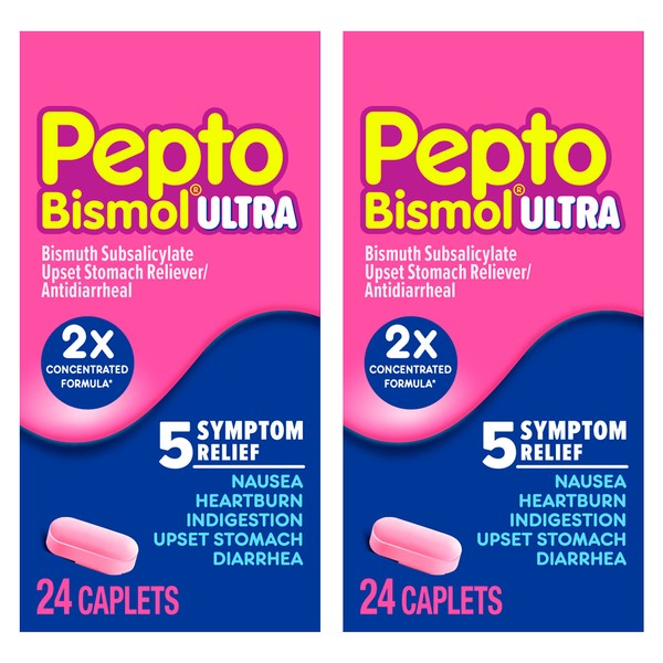 Pepto Bismol Caplets Ultra for Nausea, Heartburn, Indigestion, Upset Stomach, and Diarrhea Relief 2x24 ct – 48 Total