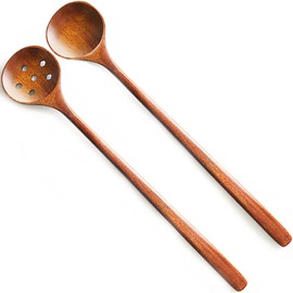 AOOSY 2pcs Slotted and Unholed Spoons Lacquered 11" Natural Wood Cooking Long Spoons Unglued Shaved Ice Spoons Lacquered Long Spoons Long Handle Stirring Spoons Boiled Pot Mapo Tofu Serving Spoon