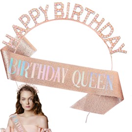 Birthday Girl Sash and Crown Set, Elegant Tiaras for Women and Sash. Rose Gold “Birthday Queen” for Girls and Women, Stylish and Unique Happy Birthday Decorations and Gifts! Birthday Hats Tiara Sash