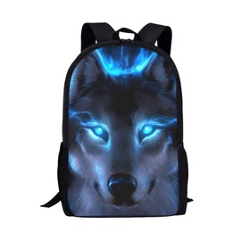 Jeiento Student Backpack Large Capacity School Bag for Boys Blue Fire Wolf High School Middle Bookbag 17 inch Adjustable Shoulder Strap Daypack for Teenagers