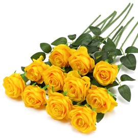 Yellow Fake Roses Artificial Flowers - 10 Pcs Fake Artificial Roses Silk Flowers with Stems for Home Wedding Hotel Office Centerpiece Decor