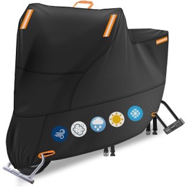 Motor Bike Cover Waterproof Outdoor, 300D Motorbike Scooter Moped Cover Sun Rain Dust Protection with 4 Reflective Strips and 2 Fixed Buckles, 2 Lock-Holes and 1 Storage Bag (L: 81 x 37 x 43 inch)