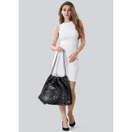 KUNGFUMA Drawstring Woven Shoulder Bag for Women, Large Vegan Leather Tote Bag Summer Beach Handbag with Purse Satchel Bag (Black)