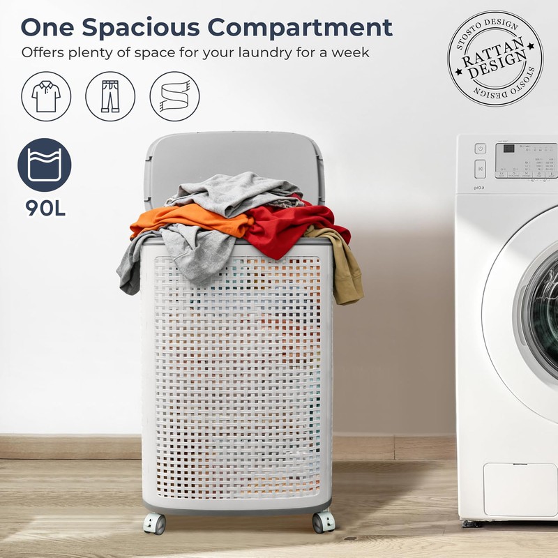 Sufdari 90L Laundry Basket with Wheels, Rolling Laundry Hamper with
