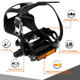 Bucklos Bike Pedals with Toe Cages and Straps - Bicycle Toe Clips Cage Compatible with Road Bike/Peloton/Mountian Bikes/MTB - Toe Clip Pedal for Wide Shoes Indoor Outdoor Cycling