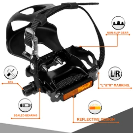 Bucklos Bike Pedals with Toe Cages and Straps - Bicycle Toe Clips Cage Compatible with Road Bike/Peloton/Mountian Bikes/MTB - Toe Clip Pedal for Wide Shoes Indoor Outdoor Cycling