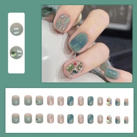 Ceboic Pack of 24 Press on Nails Square Short French Green Artificial Nails Glossy Ballerina False Nails with Diamond Designs, Glue-On Nails for Women and Girls