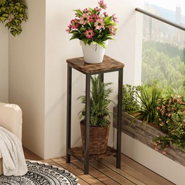 Homeiju 2-Pack Plant Stand Indoor, 2 Tier Wood Corner Plant Stand, Modern Square Plant Shelf Flower Stand for Living Room Patio Balcony Garden, Rustic Brown