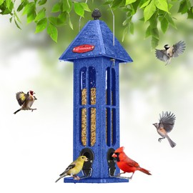 Kingsyard Rainproof Bird Feeder for Outdoor Hanging, Recycled Plastic Wild Bird Feeder with 4 Metal Ports, 3 lbs Large Capacity, Garden Yard Decorations for Bluebird Finches, Blue