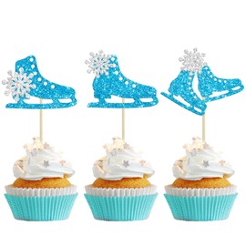 Gyufise 24Pcs Ice Skating Cupcake Toppers Glitter Ice Sports Theme Cupcake Picks Decoration for Skating Theme Baby Shower Kids Birthday Party Supplies Blue