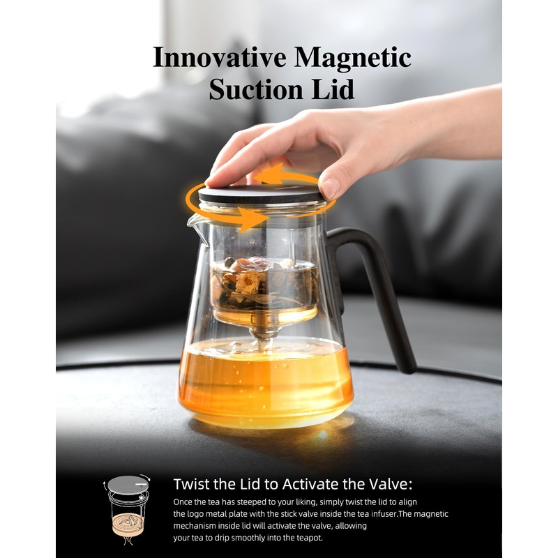 ZENS Magnetic Tea Pot, Large Enchanted Glass Teapot with Infuser