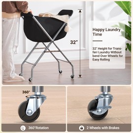 ELYKEN Laundry Cart with Wheels, 32”H Easy Rolling Laundry Hamper with Removable Liner Bag, Sturdy Metal Frame Clothes Basket with 4 Casters and 2 Brakes