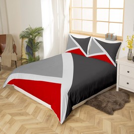 Patchwork Geometric Bedding Set Red Dark Gray And Light Grey Duvet Cover Single Geometry Triangle Comforter Cover For Rustic Farmhouse Room Decor Modern Abstract Quilt Cover 1 Pillow Case