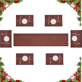 Set of 6 Placemats + Table Runner, Eageroo Non-Slip Table Mats Made of PVC, Tear-Resistant, Heat Resistant, Washable Placemats (Dark Red, 6 Placemats + Table Runner)