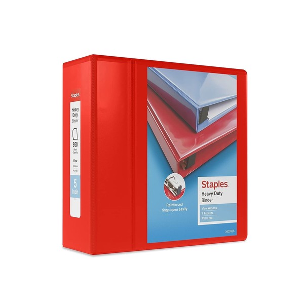 Staples 82658 Heavy Duty 5-Inch 3-Ring View Binder Red (24702)