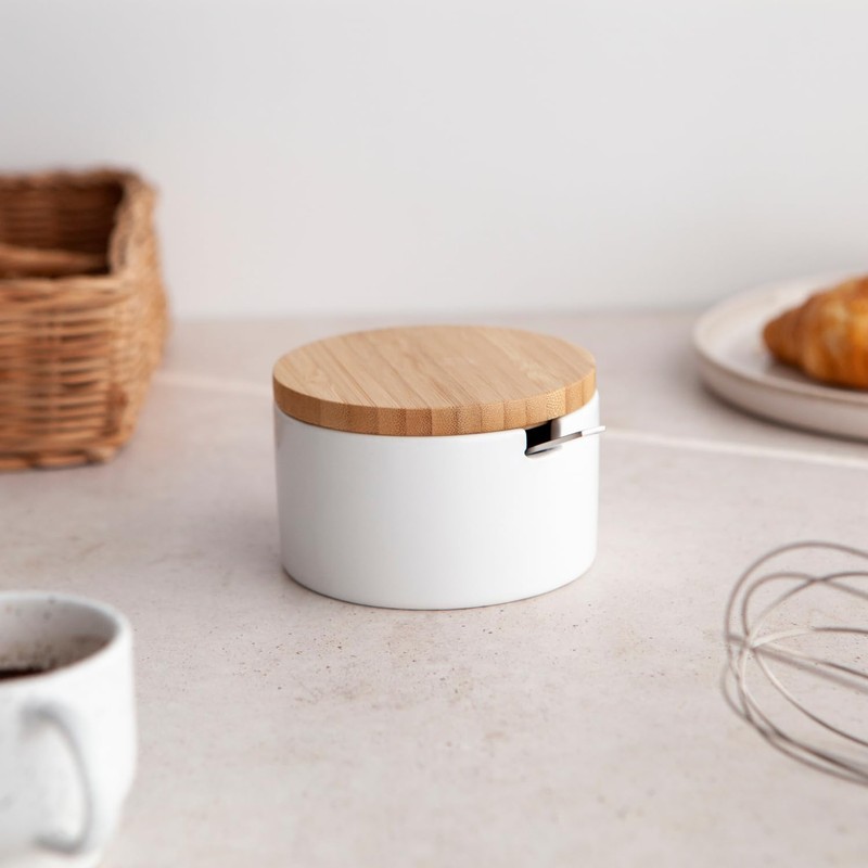 KOOK TIME Ceramic Sugar Bowl with Bamboo Spoon and Lid