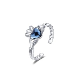 Celtic Knot Crown Heart Rings For Women 925 Sterling Silver With Blue Heart Crystal Irish Adjustable Wedding Band Finger Wrap Around Hug Rings