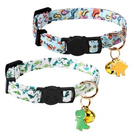Gosknor 2pcs Adjustable Dinosaur Cat Collars, Kitty Collar Kitten Collar with Bell Dinosaur Charm, Cute Cat Collar Fancy Cat Collar Pet Collar for Small Medium Large Cats Dogs Pets