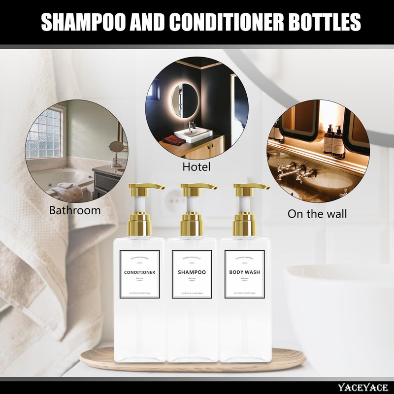 Shampoo Dispenser Bottles with Gold Pump, YACEYACE 16.9oz Set of