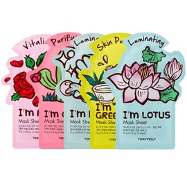 TONYMOLY I'm Sheet Mask Gift Set, Korean Skin Care Face Mask, Hydrating & Moisturizing Skincare, Vitamin Infused Facial, Soothes Skin, 5pk