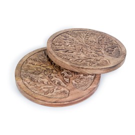 Wooden Set of 2 Round Tree of Life Trivet for Hot Dishes Plates & Pots Holder Hot Pad for Kitchen & Dining Table Décor Cookware Heat Resistant Rustic Decorative Carvings 8 Inches