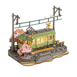 ROBOTIME 3D Puzzles for Adults DIY Model Building Toy with LED Light Wooden Craft Kits Diorama Tram Hobby for Brain Teaser Gift (Sakura Journey)