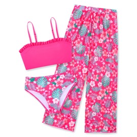 Girl's Flower Bathing Suits with Cover-ups Pants for Girls 7 8 Year Old High Waist Swimsuits Size 6-8 Kids Girls' Sun Protection UPF 50+ 3 Pieces Beach Tankini Swimwear for Easter Swimming Sets