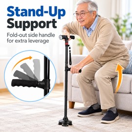 Adjustable Folding Walking Cane for Seniors – LED Light, SOS Alarm & 4-Prong Pivoting Base for Everyday Mobility Support