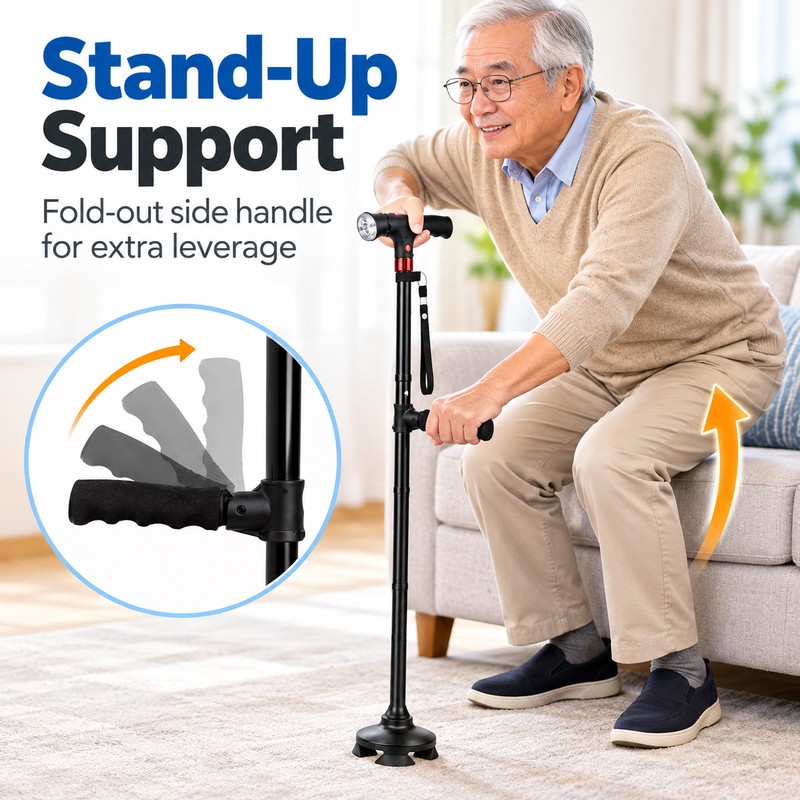 Adjustable Folding Walking Cane for Seniors – LED Light, SOS