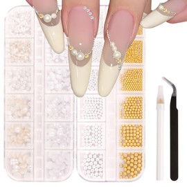 Hotalisona Silver and Gold Metal Nail Beads Charms and Gems + White and Beige Luxurious Flatback Pearl Nail Jewels Art Kit Supplies Design Decor with Picker Tool White Pencil