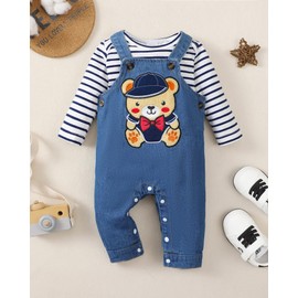 NZRVAWS Baby Boy Clothes Newborn Outfits Infant Long Sleeve Blue Stripe Romper Cute Denim Jeans Bear Pattern Jumpsuit Overalls Set 0-3 Months