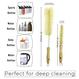 All Natural Bottle Brush and Straw Set (NO Plastic) Sisal Bristles and Wood Handle Bottle Cleaners for Washing Narrow Beer Bottles, Sports/Water Bottles, Tumbler, Kettles, Lid Brush, Long Straw Brush