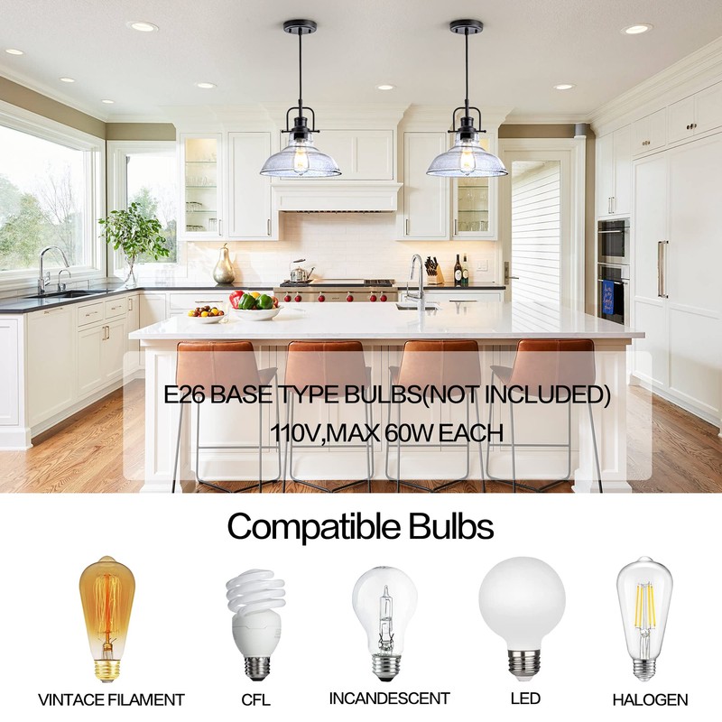 Zlepmlla Glass Pendant Light，Black Pendant Light Fixtures with Seeded Glass